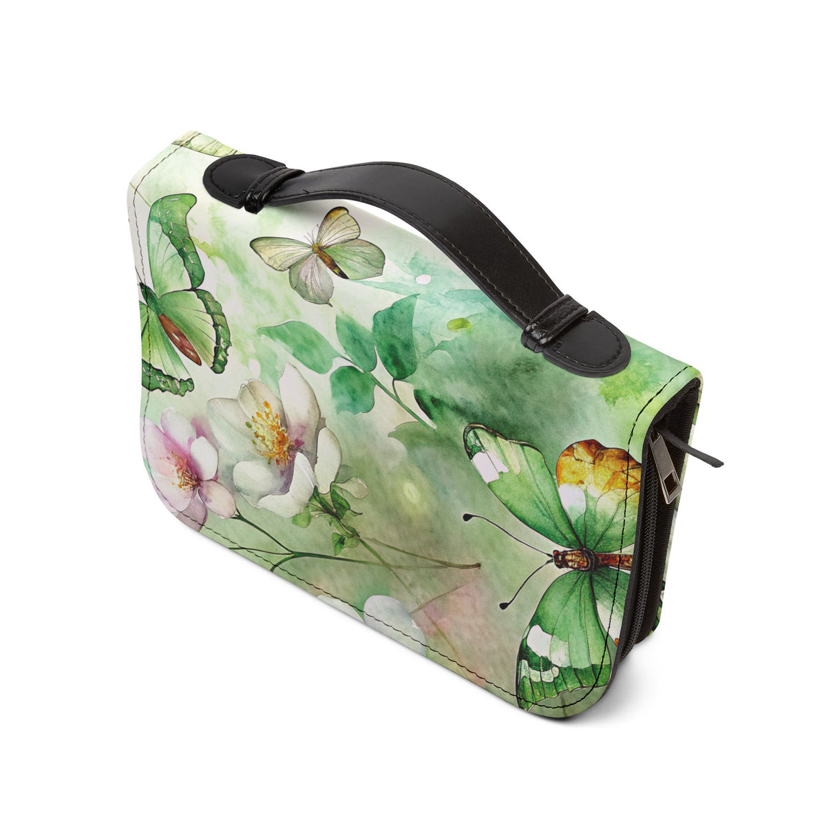 Personalised Green Butterfly Floral Bible Cover — Custom Name Zip-Around Case