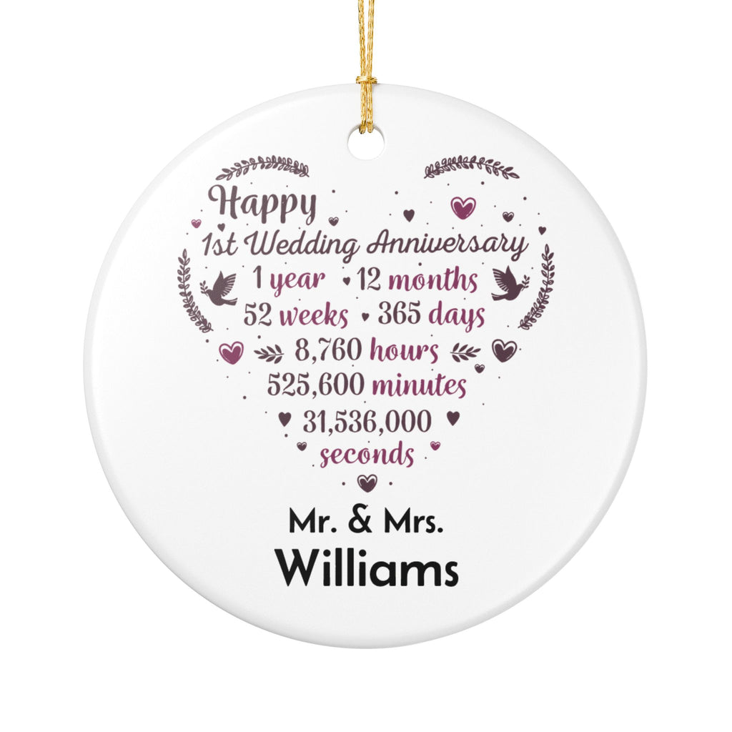 Personalised 1st Wedding Anniversary ceramic ornament — Mr and Mrs heart design with milestone countdown