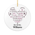 Personalised 1st Wedding Anniversary ceramic ornament — Mr and Mrs heart design with milestone countdown
