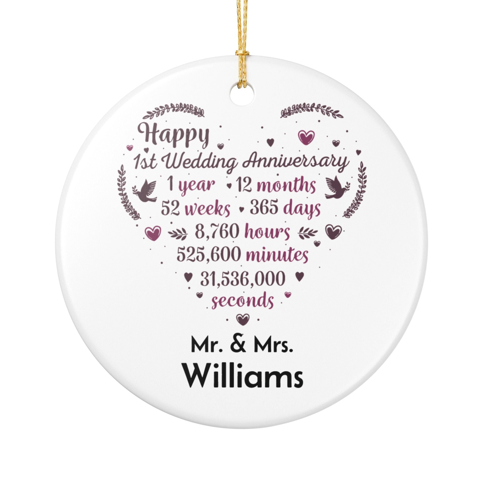 Personalised 1st Wedding Anniversary ceramic ornament — Mr and Mrs heart design with milestone countdown