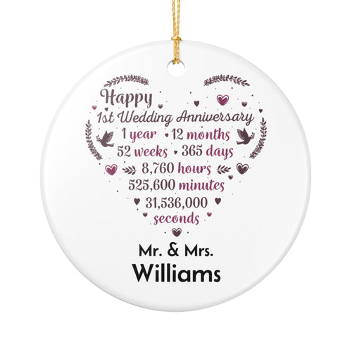 Personalised 1st Wedding Anniversary ceramic ornament — Mr and Mrs heart design with milestone countdown