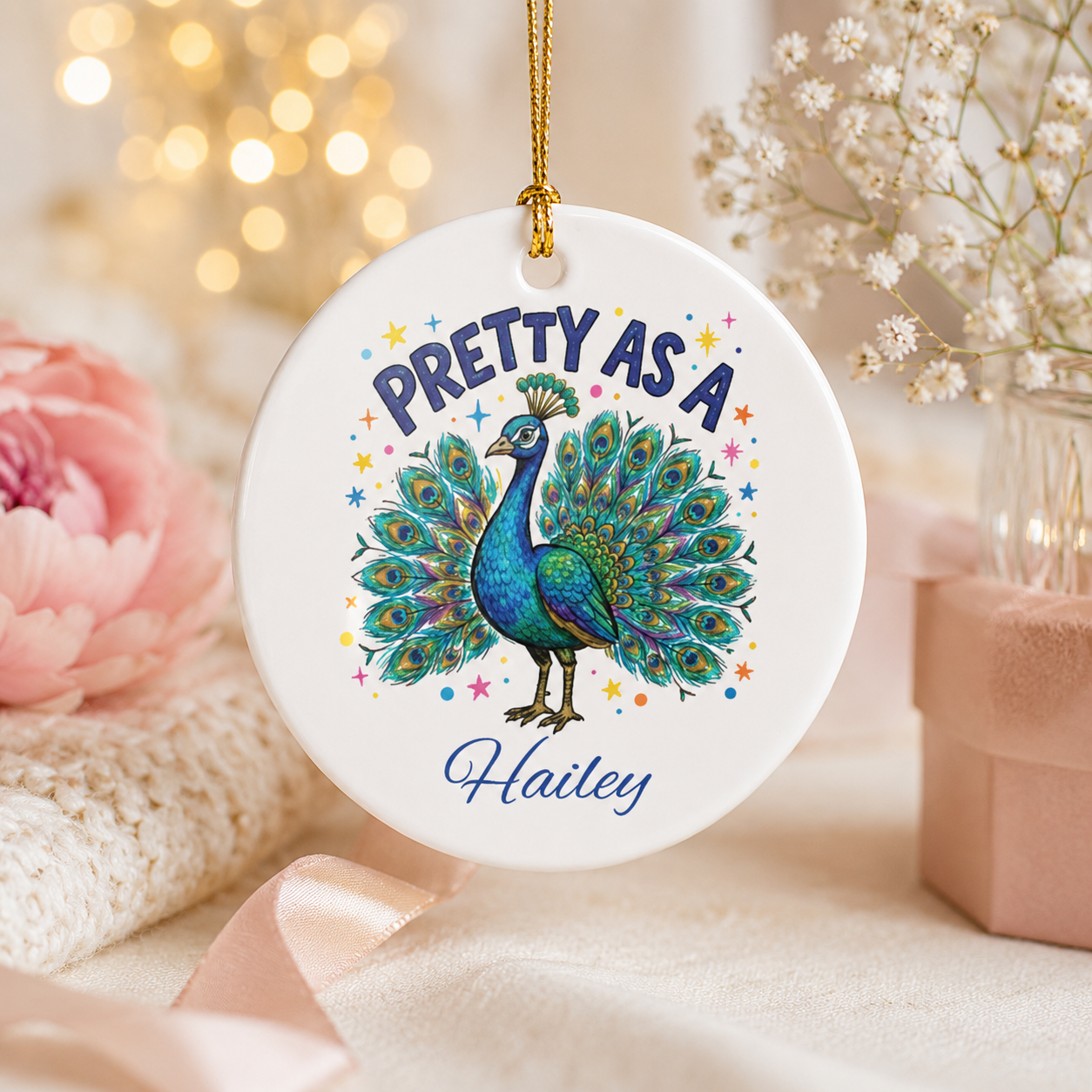 Pretty as a Peacock round ceramic ornament personalised with name — vibrant peacock illustration gift