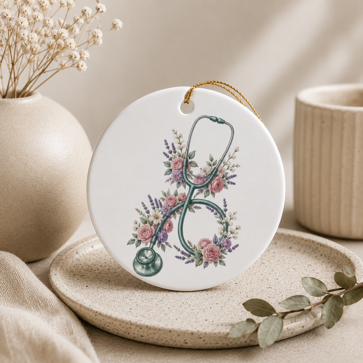 Personalised Floral Nurse Stethoscope Ceramic Ornament — Custom Nurse Name Keepsake Gift
