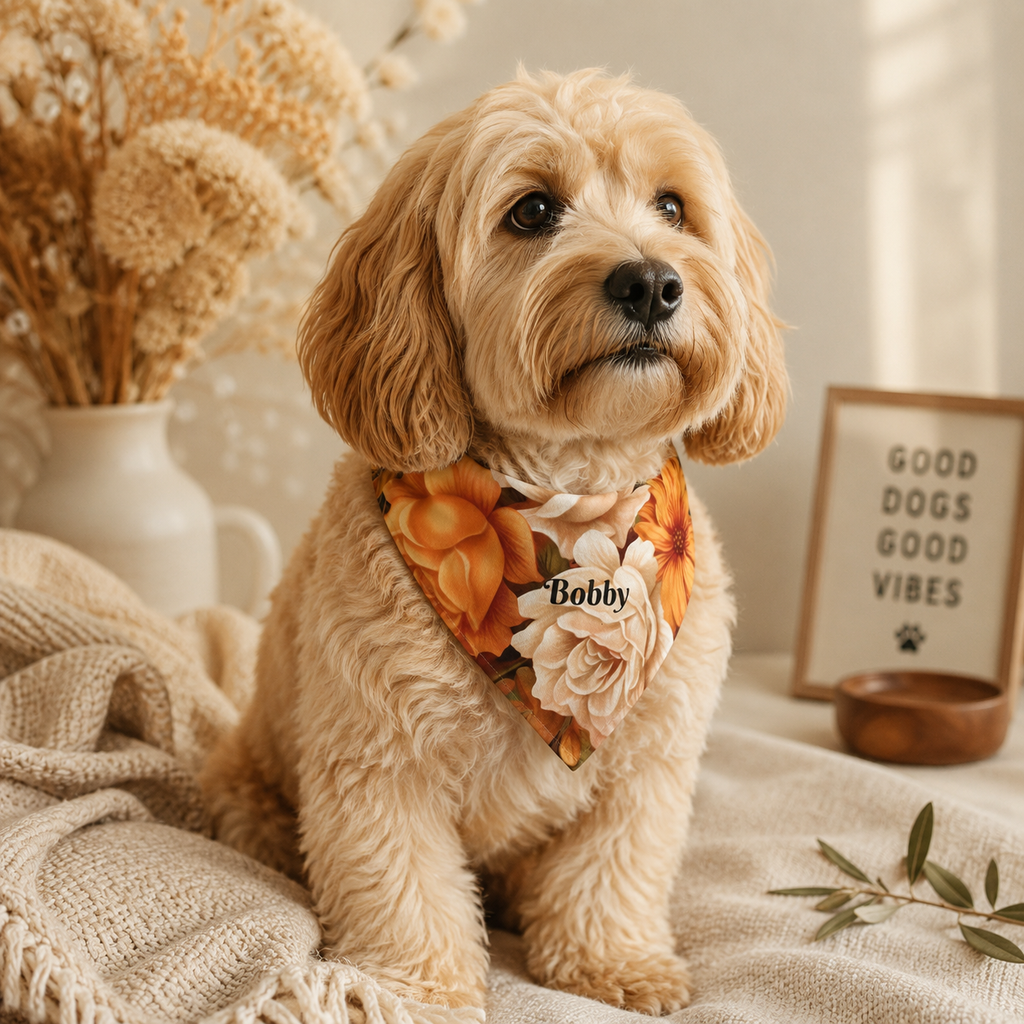 Personalised Autumn Floral Dog Bandana — Custom Pet Name Fall Flowers