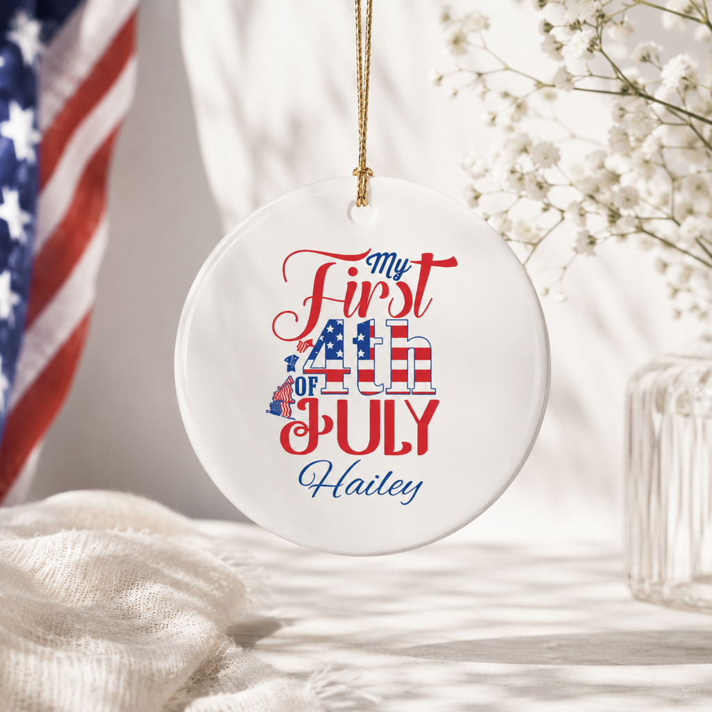 My First 4th of July personalised ceramic ornament — custom baby name keepsake gift for Independence Day