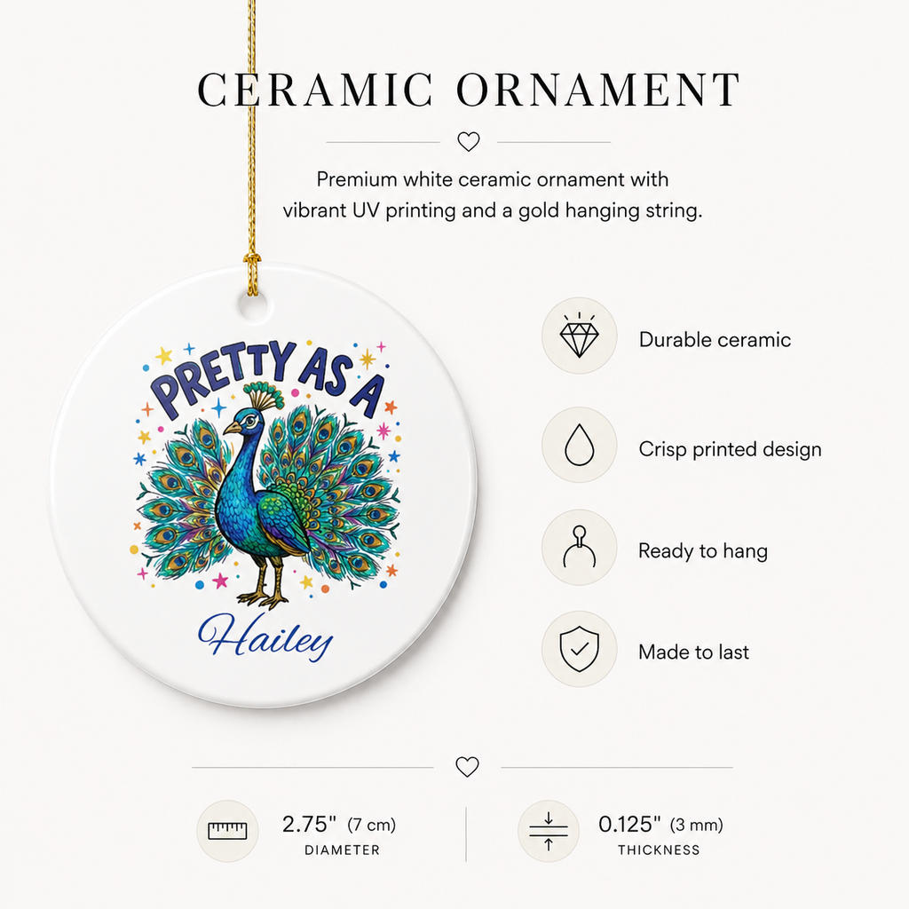 Pretty as a Peacock personalised ceramic ornament spec sheet — 2.75 inch diameter durable ceramic UV print