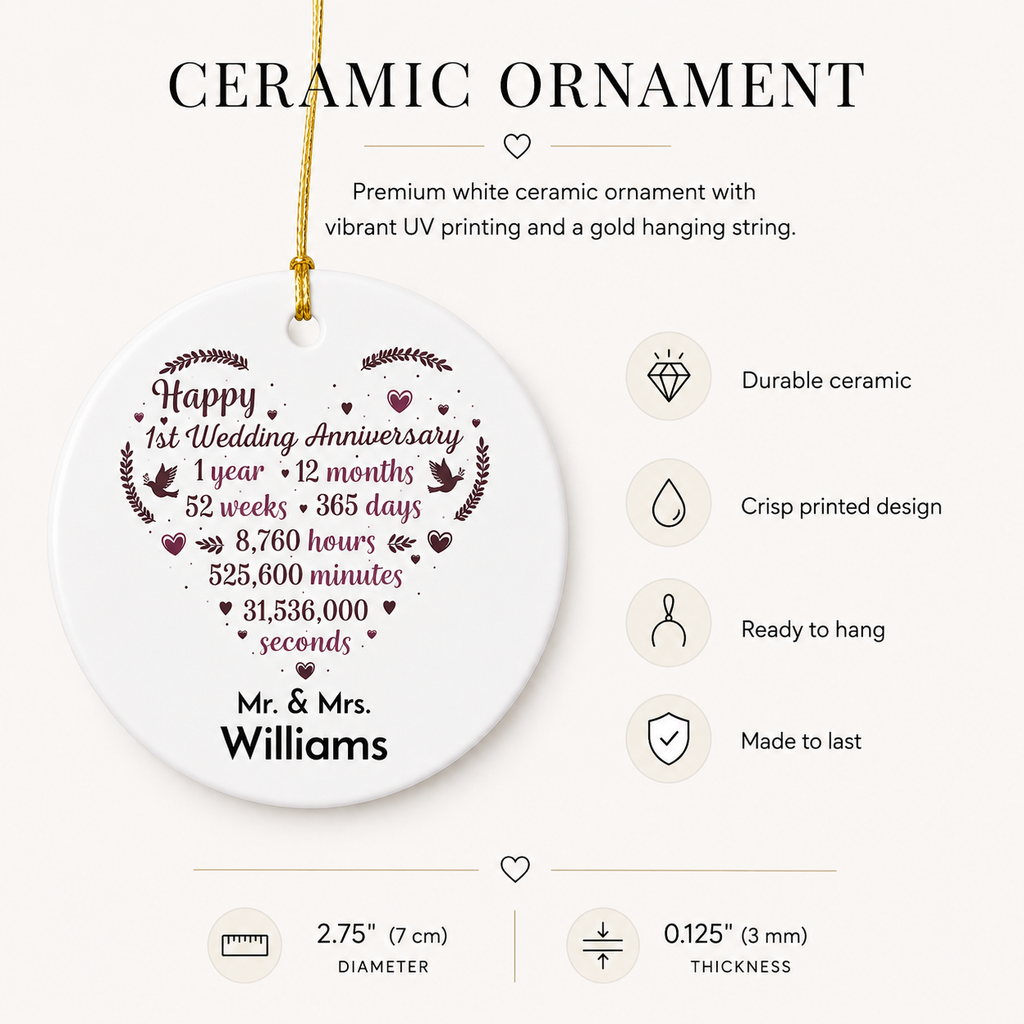 1st Wedding Anniversary personalised ceramic ornament spec sheet — 2.75 inch diameter UV printed couples gift