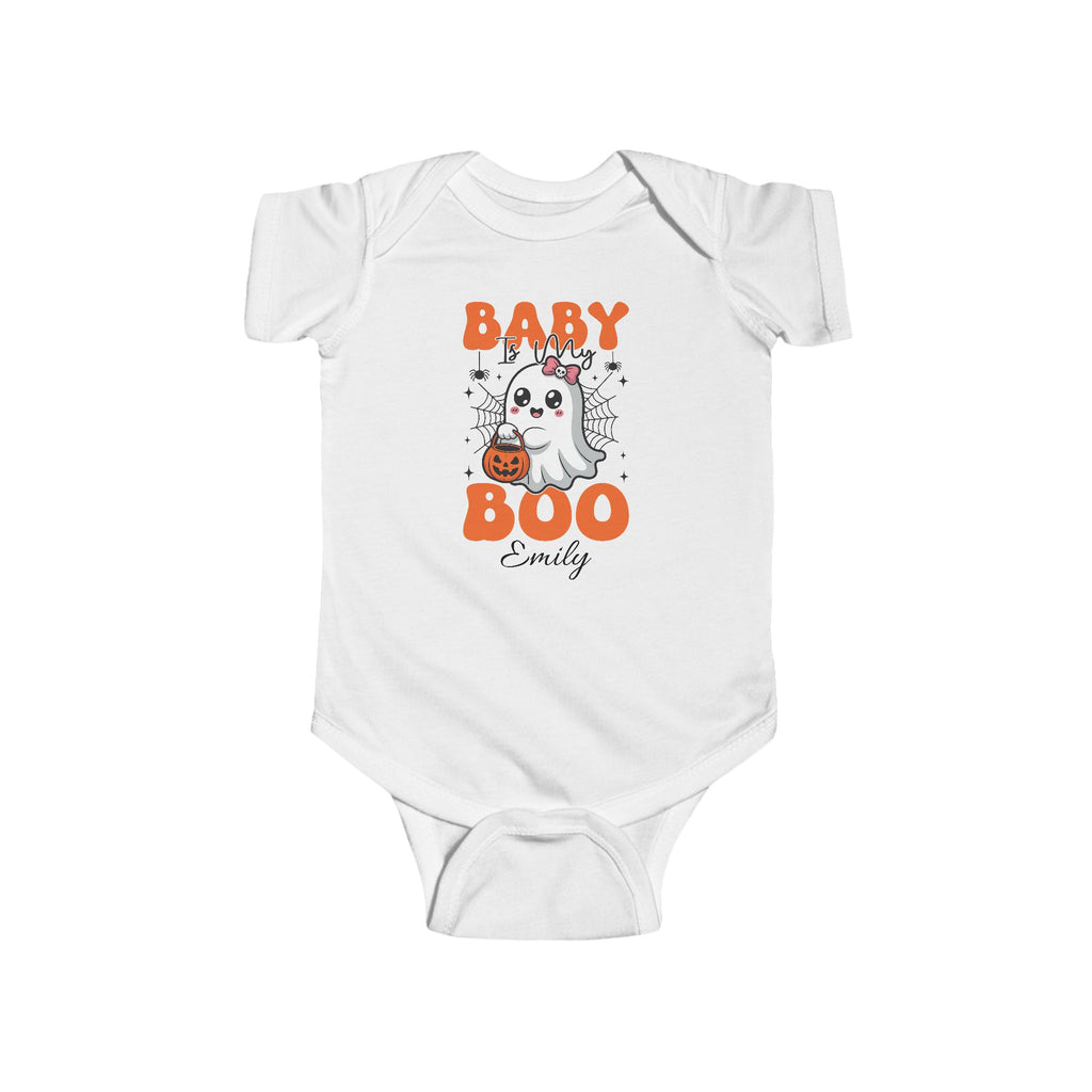 Personalised Baby Is My Boo Halloween bodysuit with orange ghost design and custom name