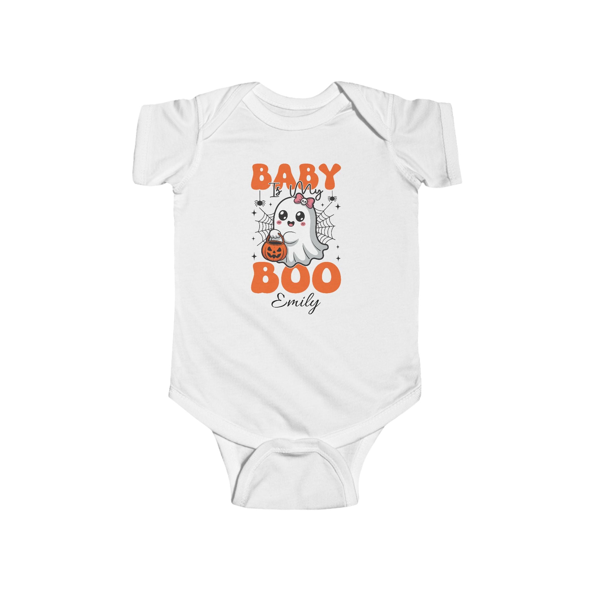 Personalised Baby Is My Boo Halloween bodysuit with orange ghost design and custom name