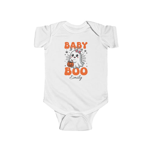 Personalised Baby Is My Boo Halloween bodysuit with orange ghost design and custom name