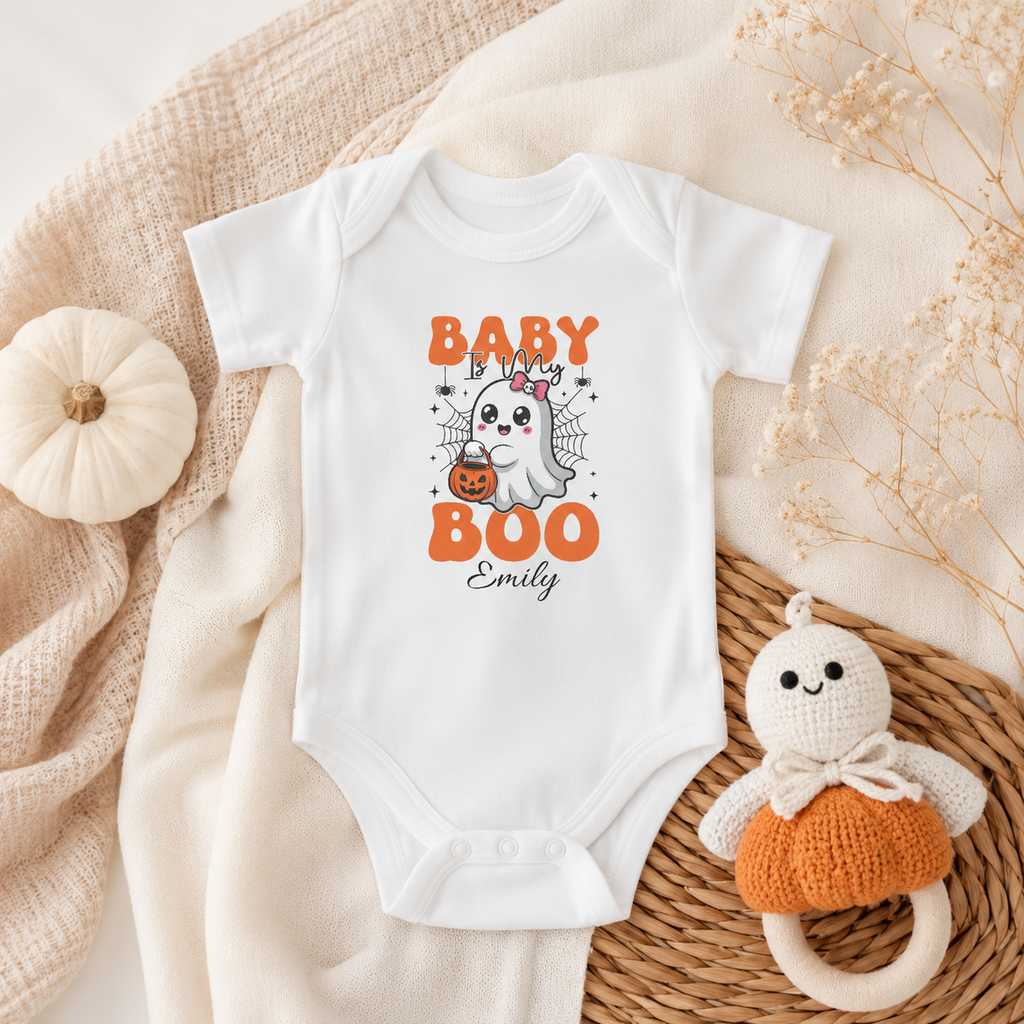 Baby Is My Boo Halloween bodysuit spec sheet — sizes NB to 24M personalised first Halloween baby gift