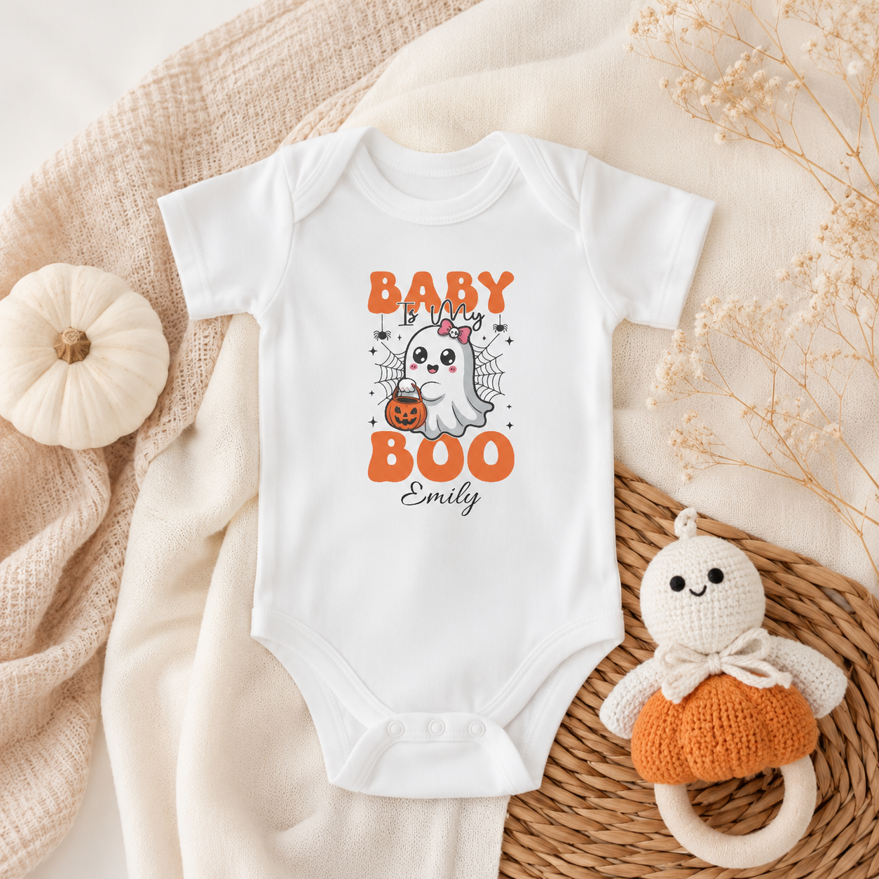 Baby Is My Boo Halloween bodysuit spec sheet — sizes NB to 24M personalised first Halloween baby gift