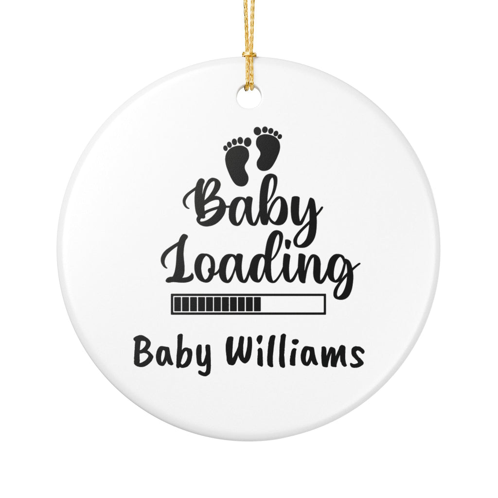 Baby Loading personalised ceramic ornament with baby footprints and custom surname — pregnancy announcement keepsake