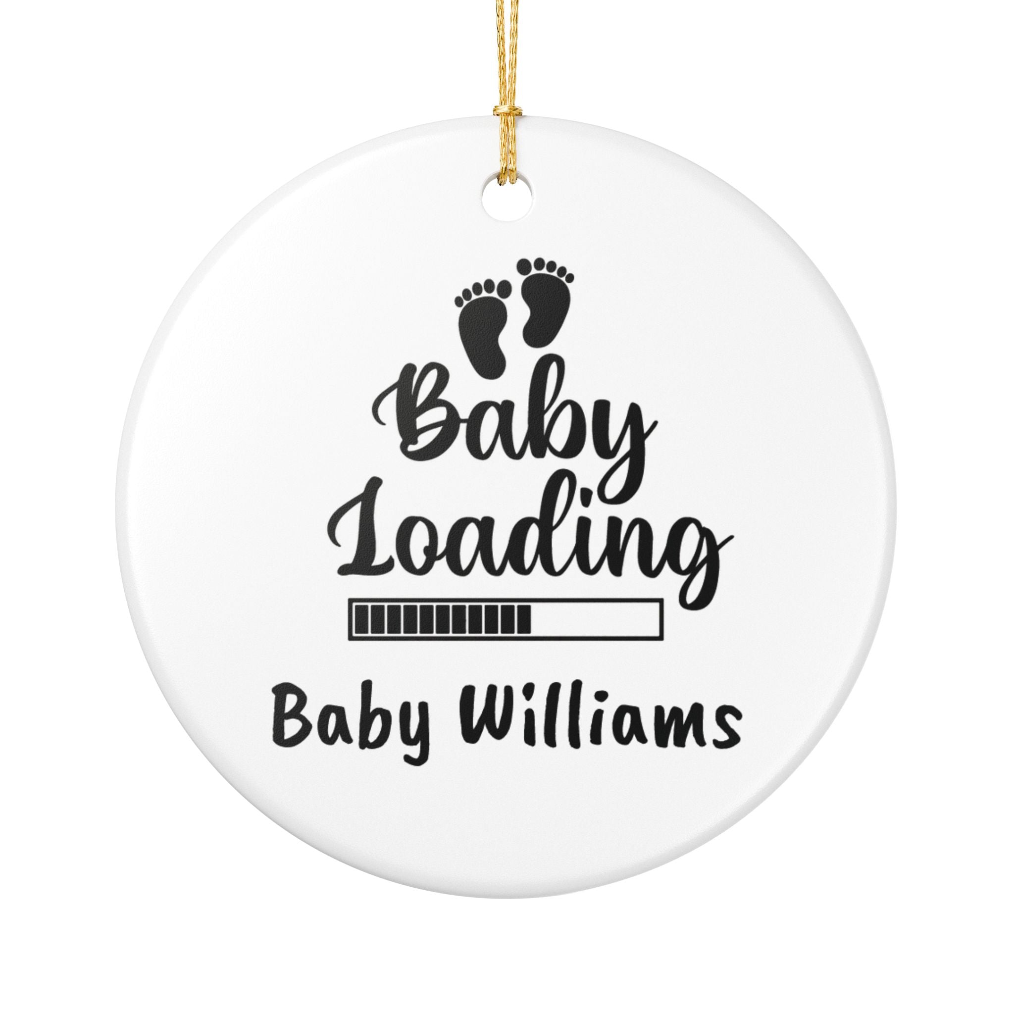 Baby Loading personalised ceramic ornament with baby footprints and custom surname — pregnancy announcement keepsake