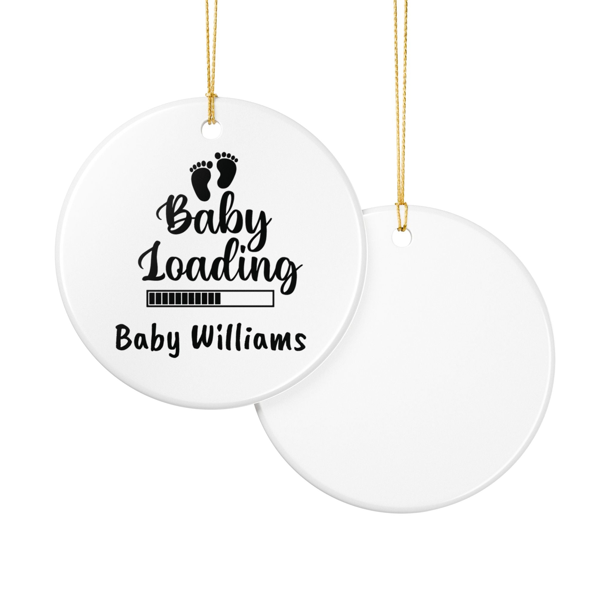 Baby Loading ornament close-up — personalised new baby keepsake with gold hanging string