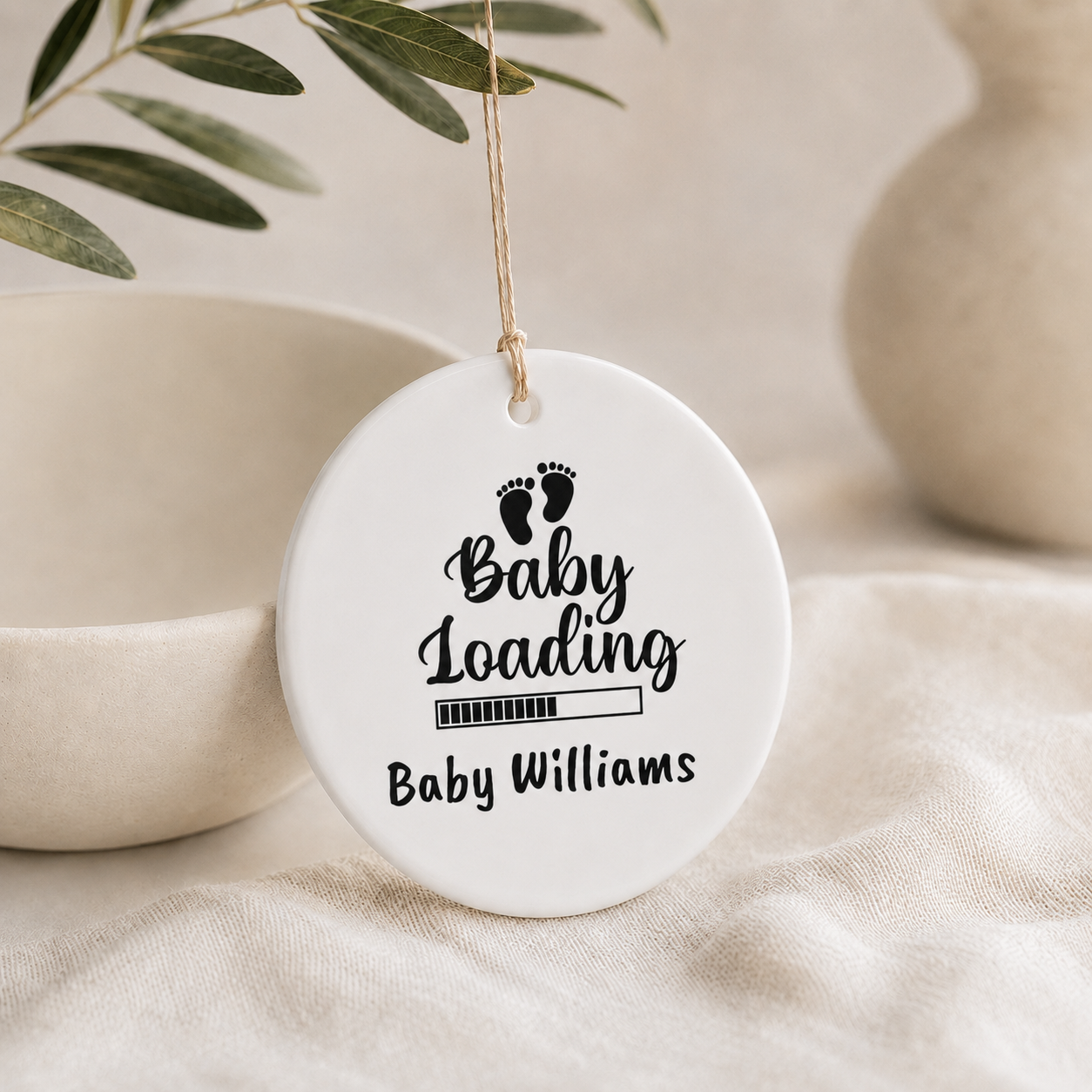 Baby Loading personalised ornament lifestyle shot — ceramic baby shower keepsake gift