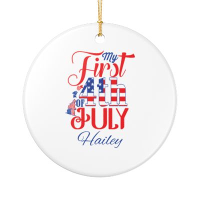 Personalised Baby's First 4th of July ceramic ornament with custom name in red white and blue patriotic lettering