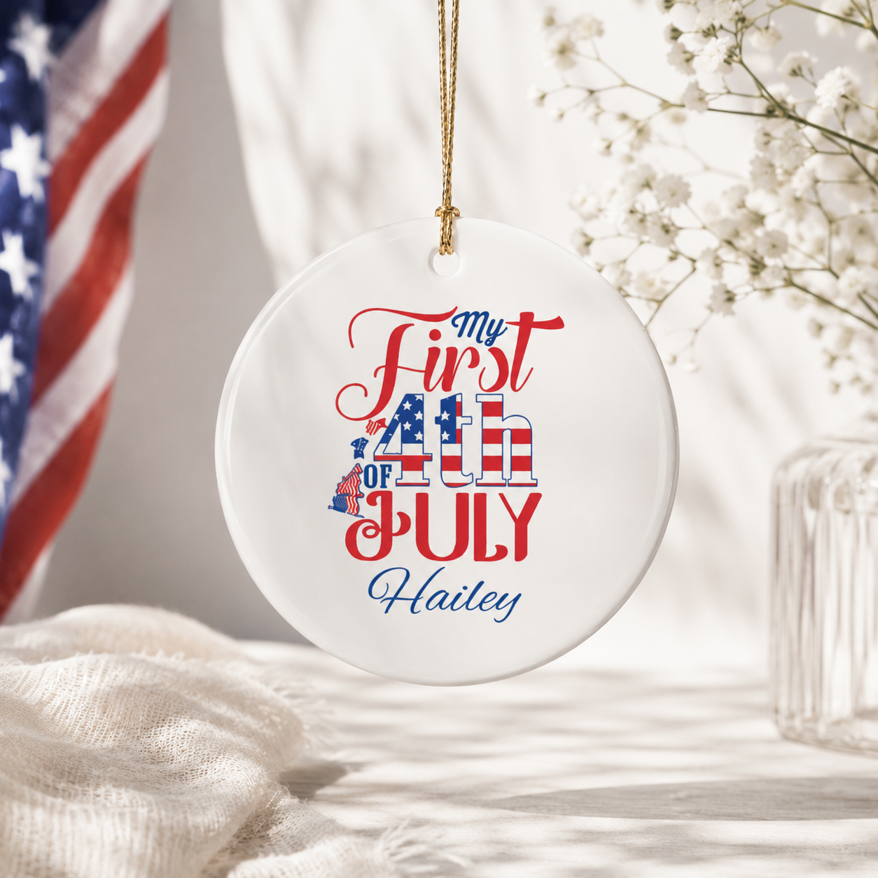 My First 4th of July personalised ornament displayed on white background — patriotic baby keepsake gift