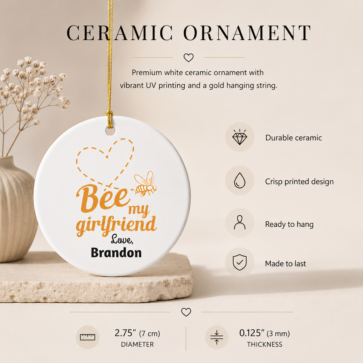 Bee My Girlfriend ornament packaging or reverse — personalised ceramic gift for girlfriend