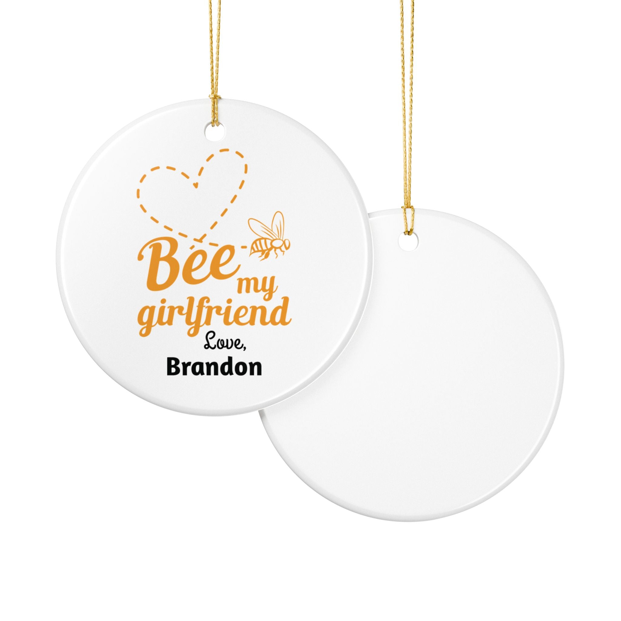 Bee My Girlfriend personalised ornament hanging display — round white ceramic Valentine's Day gift for her