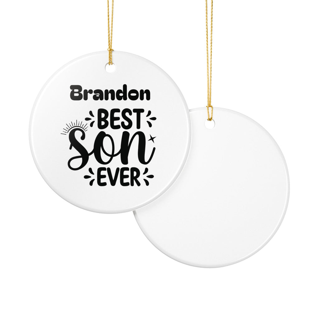 Best Son Ever personalised ornament on white background — round ceramic gift from parents