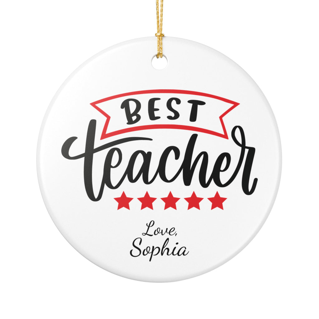 Personalised Best Teacher ceramic ornament — bold red banner and five stars with custom child's name