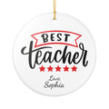 Personalised Best Teacher ceramic ornament — bold red banner and five stars with custom child's name