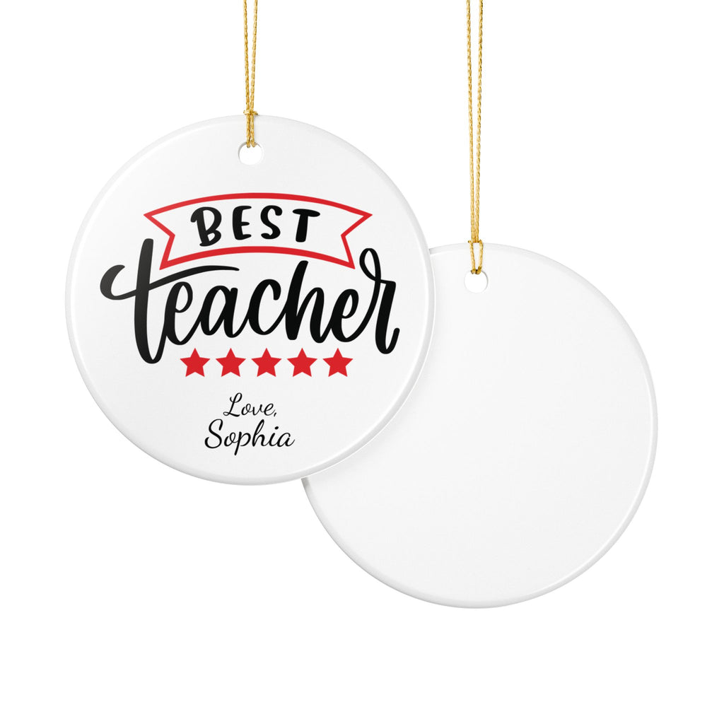 Best Teacher personalised ornament lifestyle shot — round white ceramic keepsake end of term gift for teacher