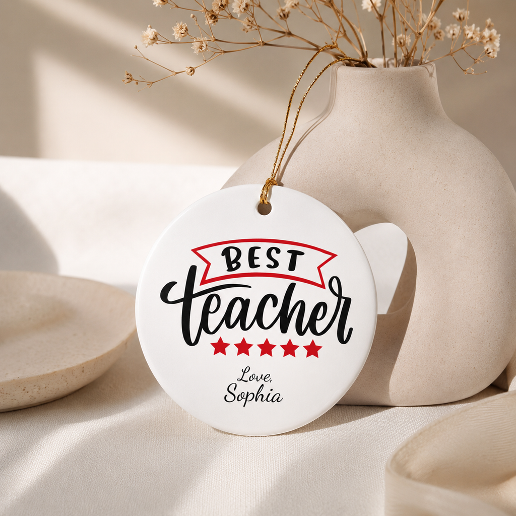 Best Teacher ceramic ornament spec sheet — 2.75 inch diameter UV printed personalised teacher gift