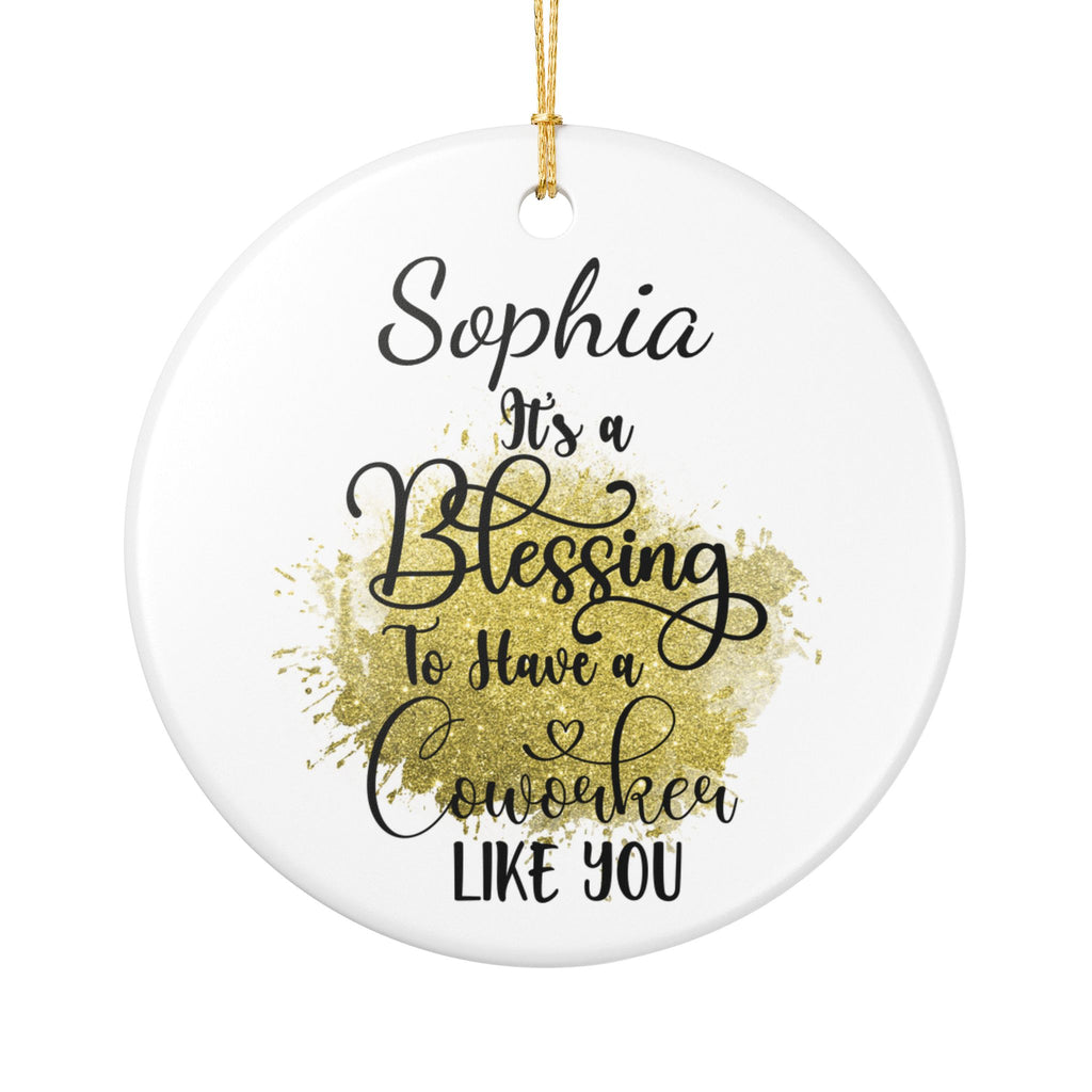 Personalised Blessing coworker ceramic ornament with custom name Sophia — gold glitter design on white