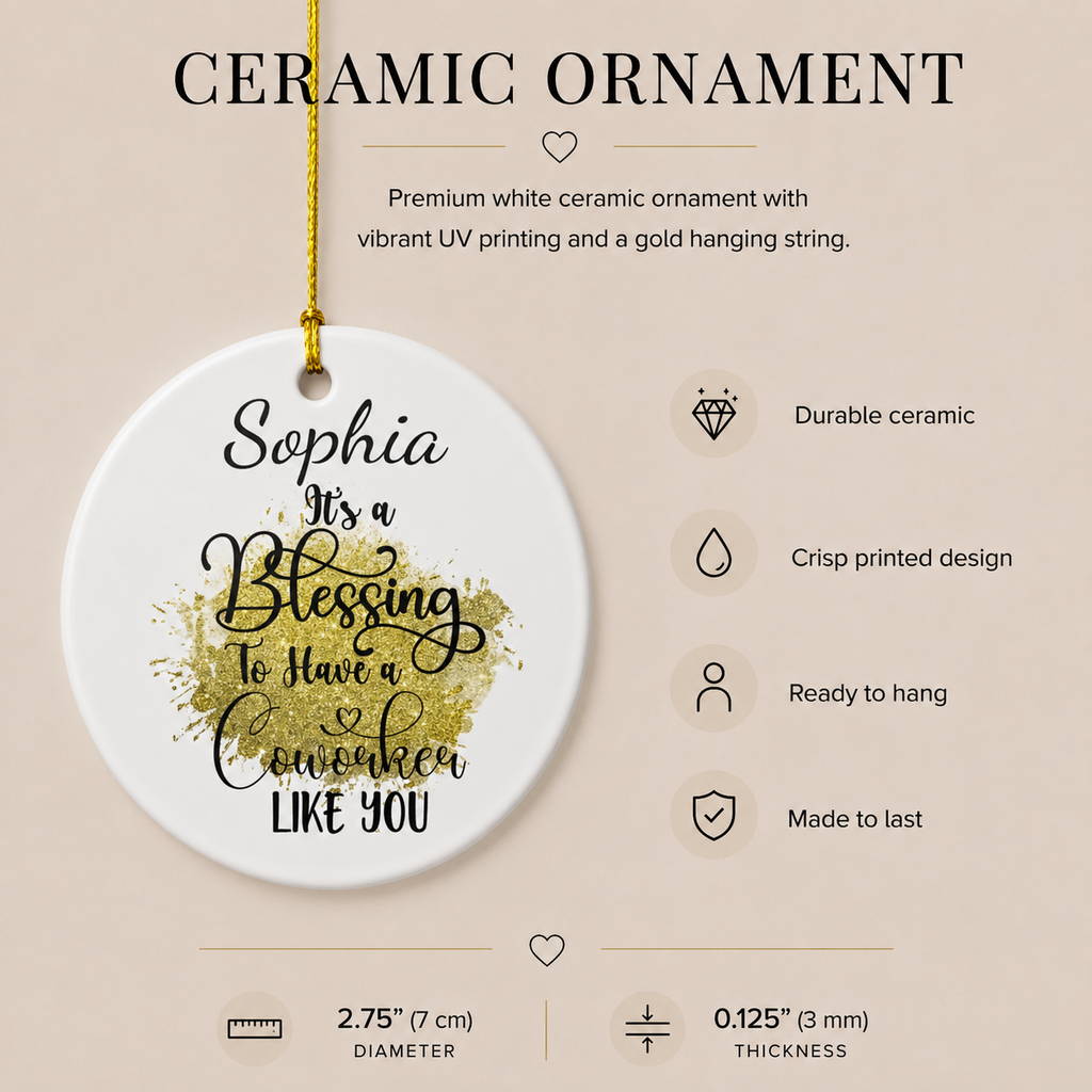 Close-up of personalised coworker ornament with gold string and glitter detail — ceramic leaving gift keepsake