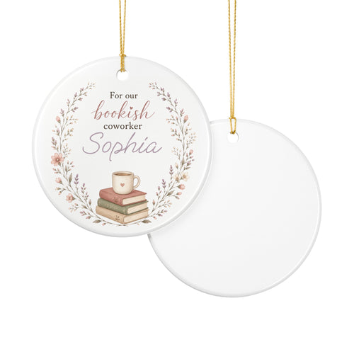 For our bookish coworker ornament lifestyle shot — round white ceramic book lover keepsake gift