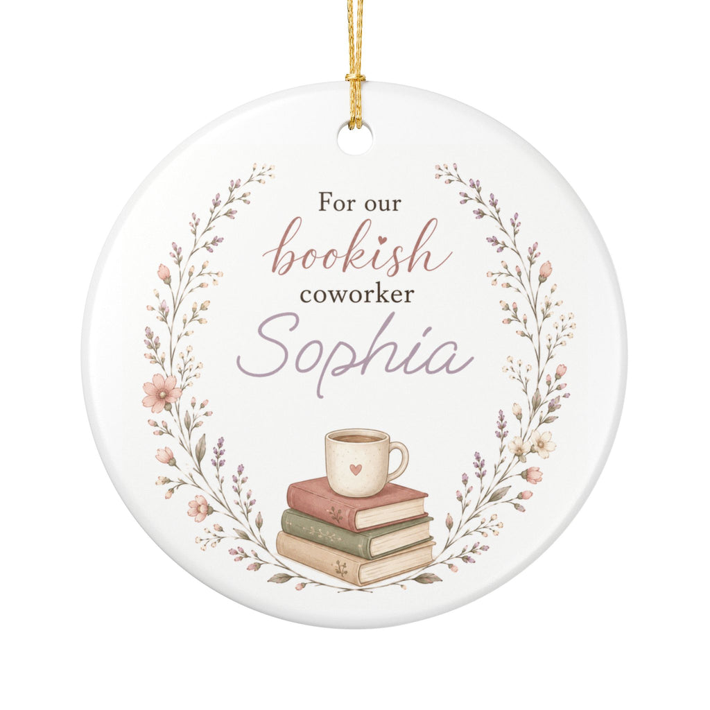 Personalised bookish coworker ceramic ornament — floral wreath books and coffee design with custom name