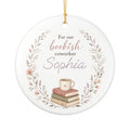 Personalised bookish coworker ceramic ornament — floral wreath books and coffee design with custom name