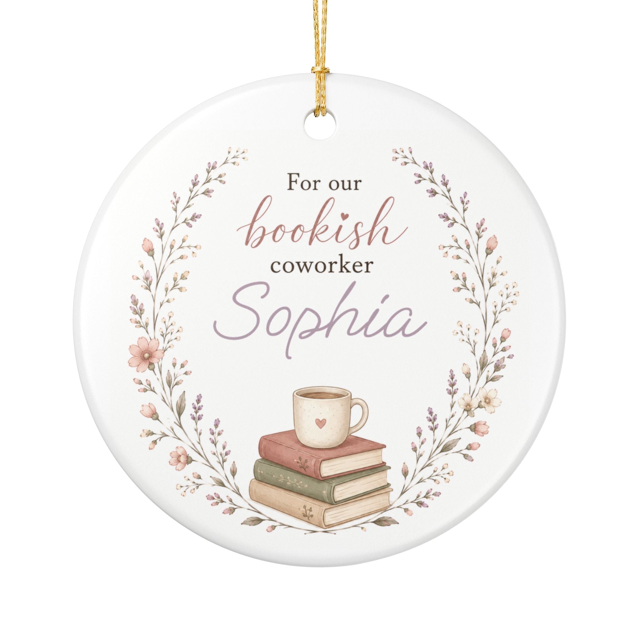 Personalised bookish coworker ceramic ornament — floral wreath books and coffee design with custom name