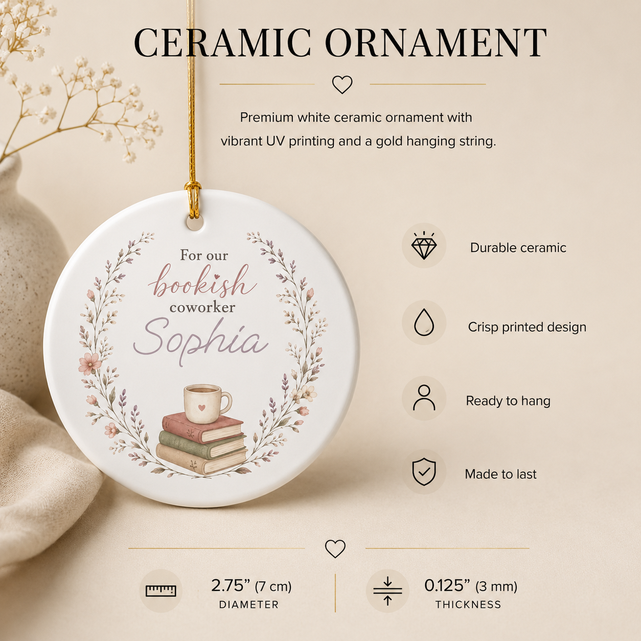 Bookish coworker ornament infographic — durable ceramic, crisp print, ready to hang, made to last
