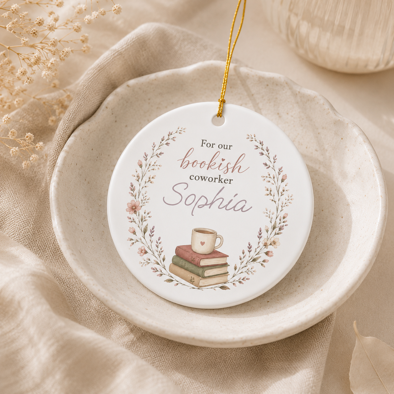 Bookish coworker ornament spec sheet — 2.75 inch diameter UV printed personalised colleague gift