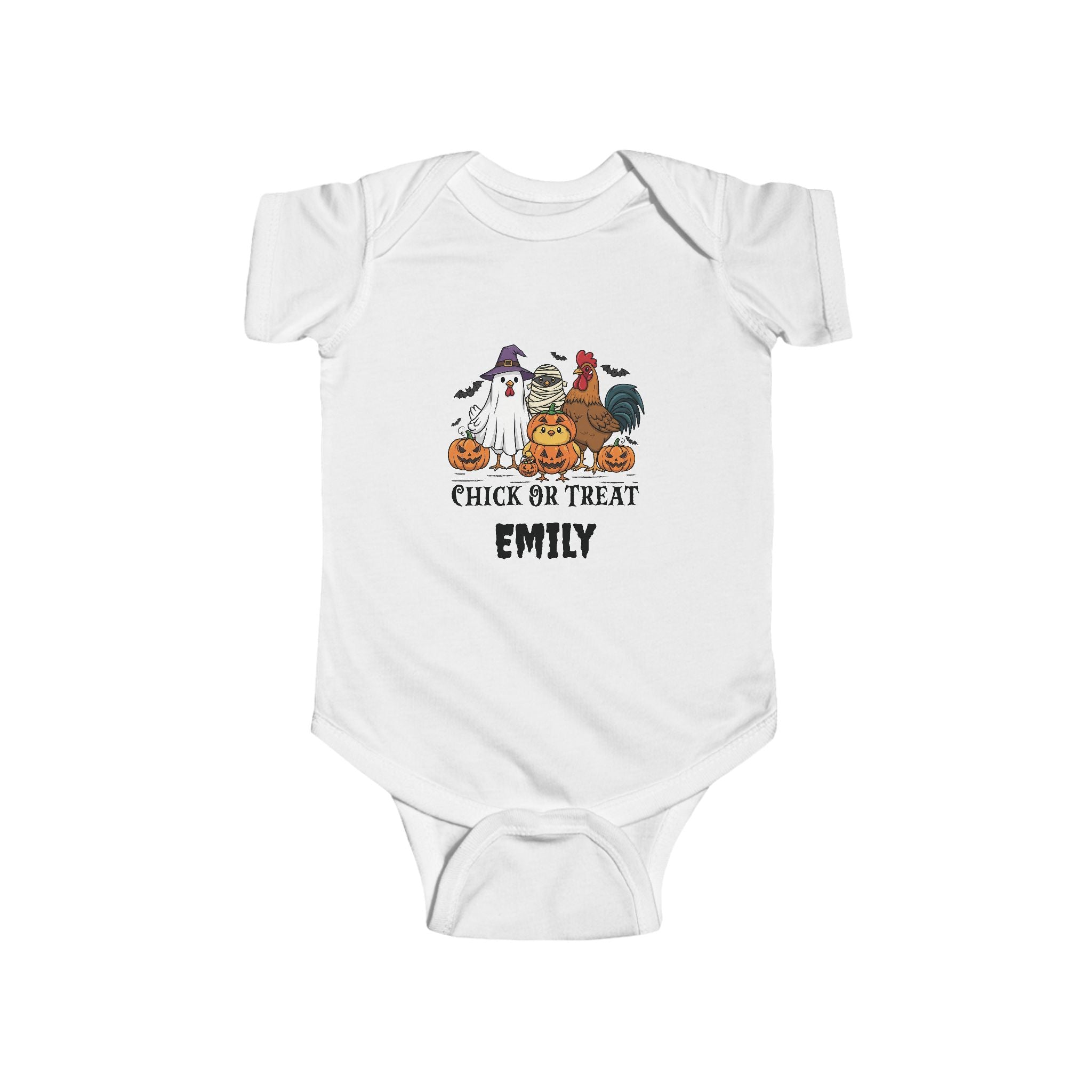 Personalised Chick or Treat Halloween baby bodysuit with chicken design and custom name