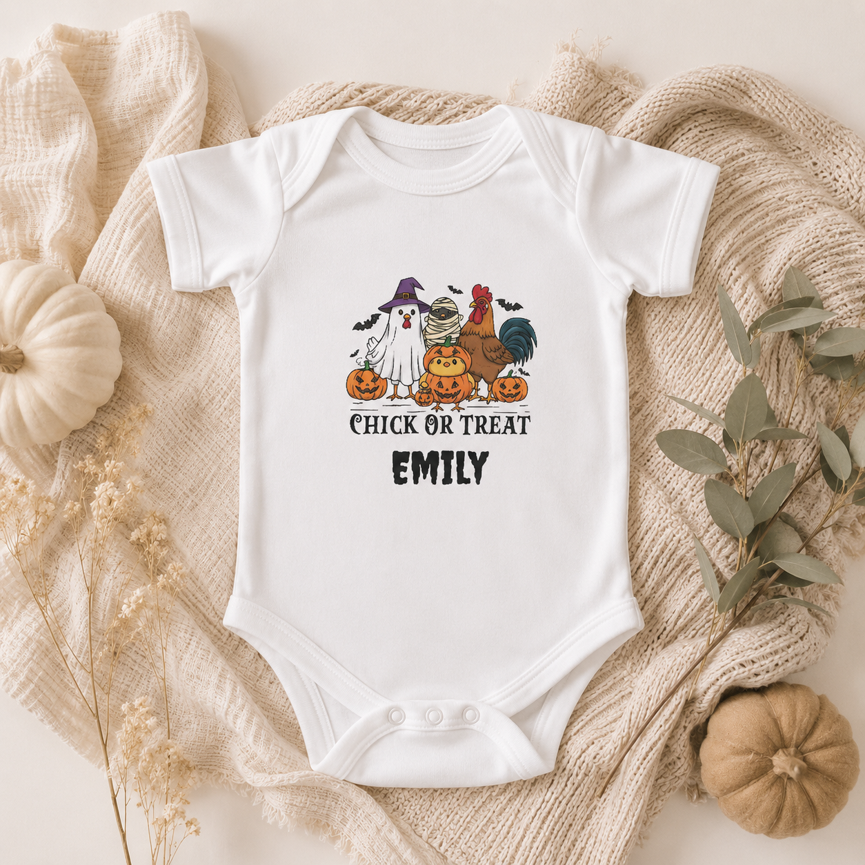 Chick or Treat bodysuit infographic — soft cotton snap closure personalised Halloween baby outfit