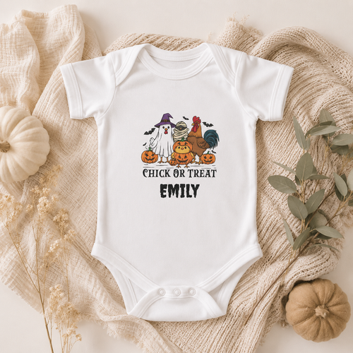 Chick or Treat bodysuit infographic — soft cotton snap closure personalised Halloween baby outfit