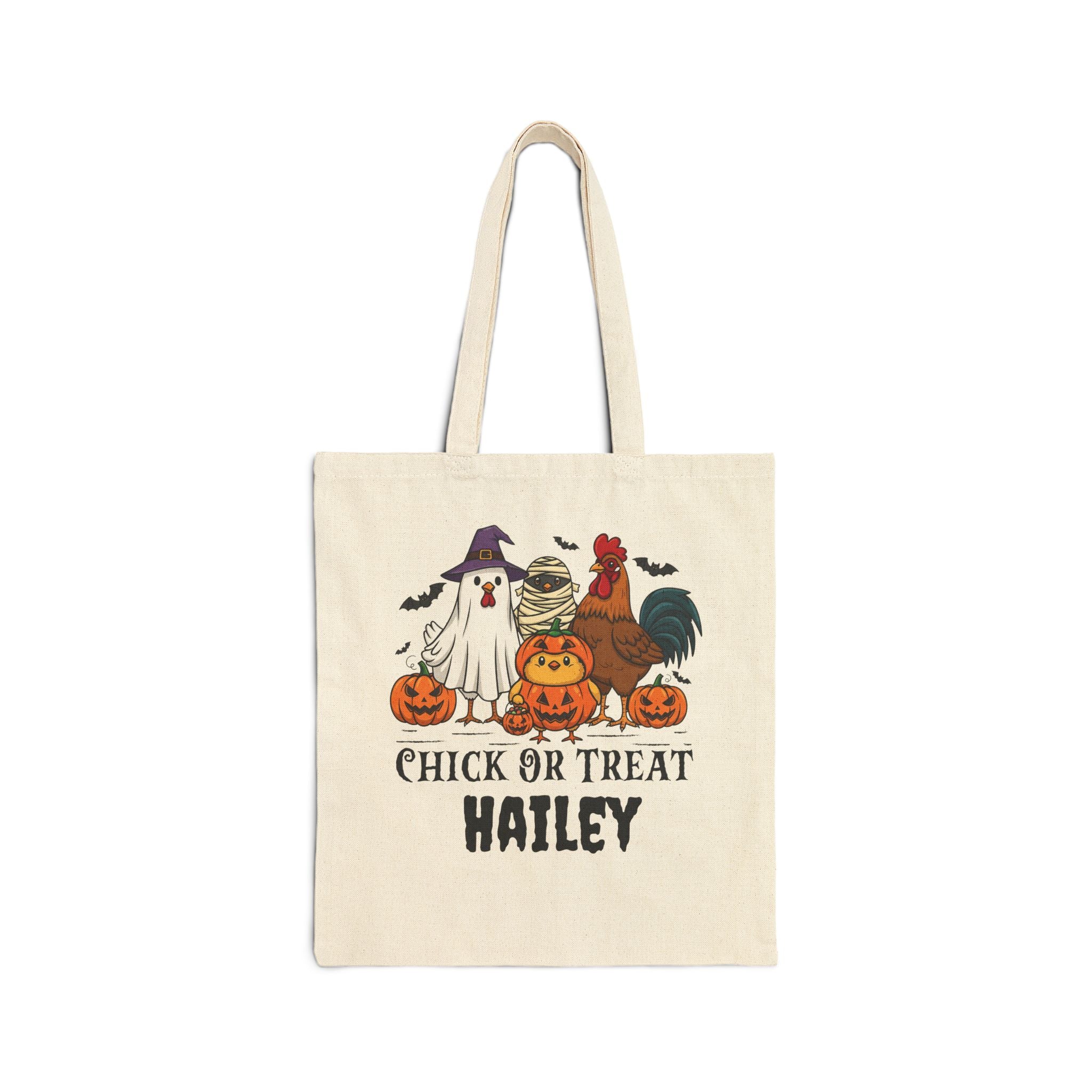 Personalised Chick or Treat Halloween tote bag with chicken ghost mummy and rooster design and custom name