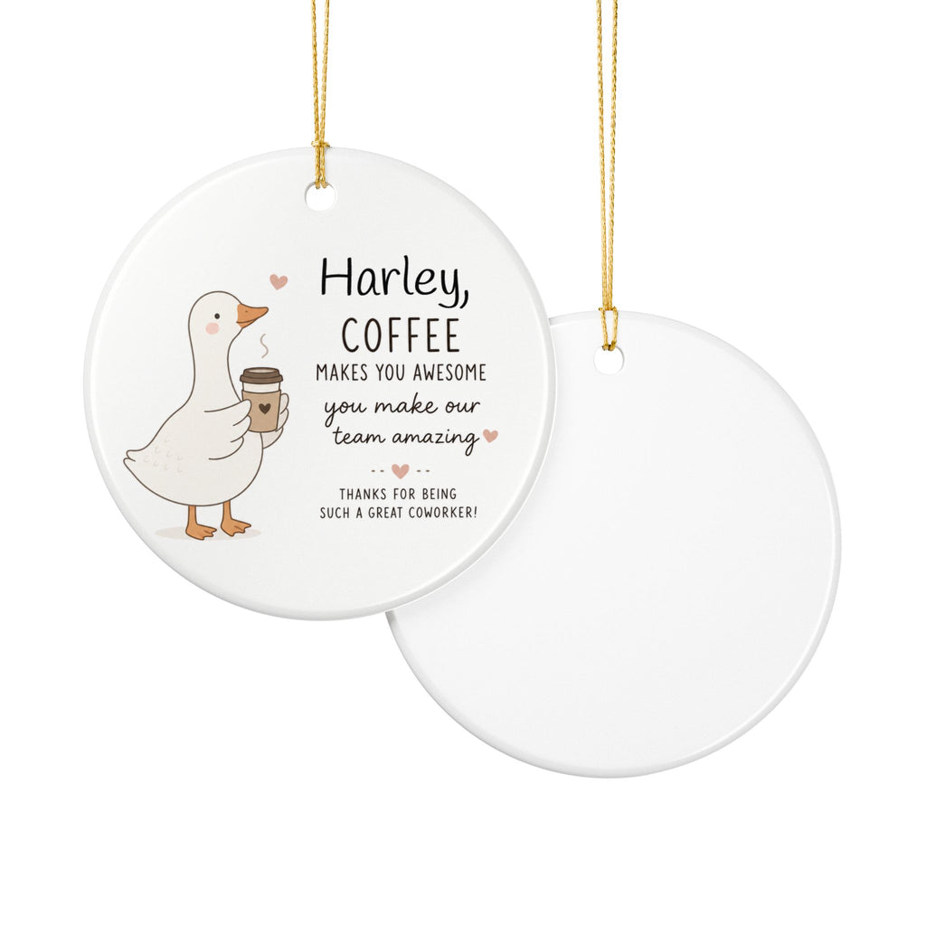 Coffee coworker ornament lifestyle shot — round white ceramic funny colleague keepsake with gold hanging string