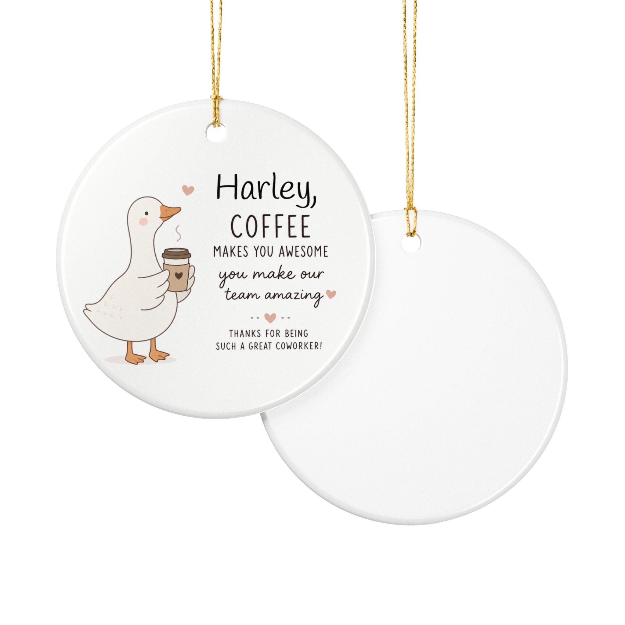 Coffee coworker ornament lifestyle shot — round white ceramic funny colleague keepsake with gold hanging string