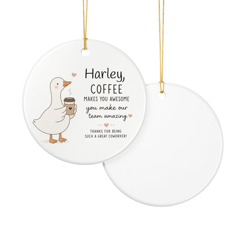 Coffee coworker ornament lifestyle shot — round white ceramic funny colleague keepsake with gold hanging string