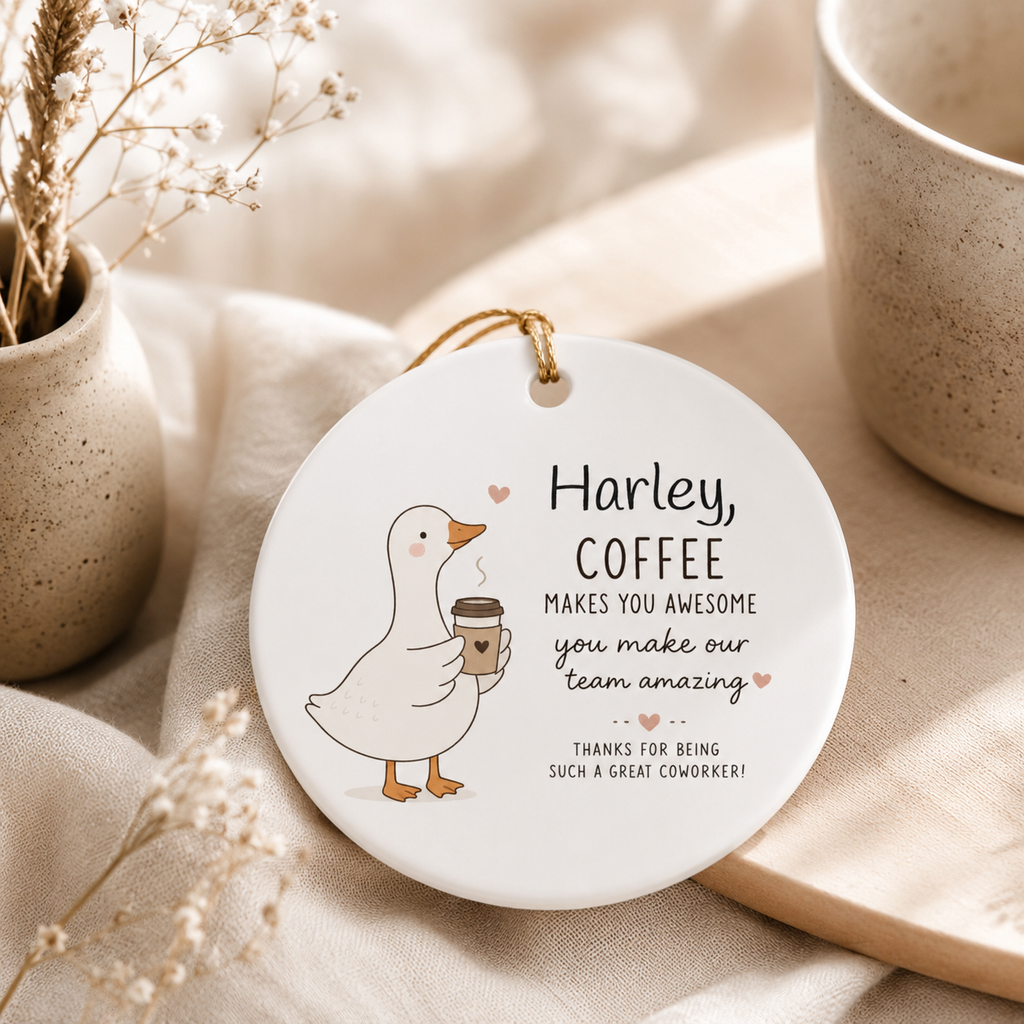 Coffee coworker ornament infographic — durable ceramic, crisp print, ready to hang, made to last