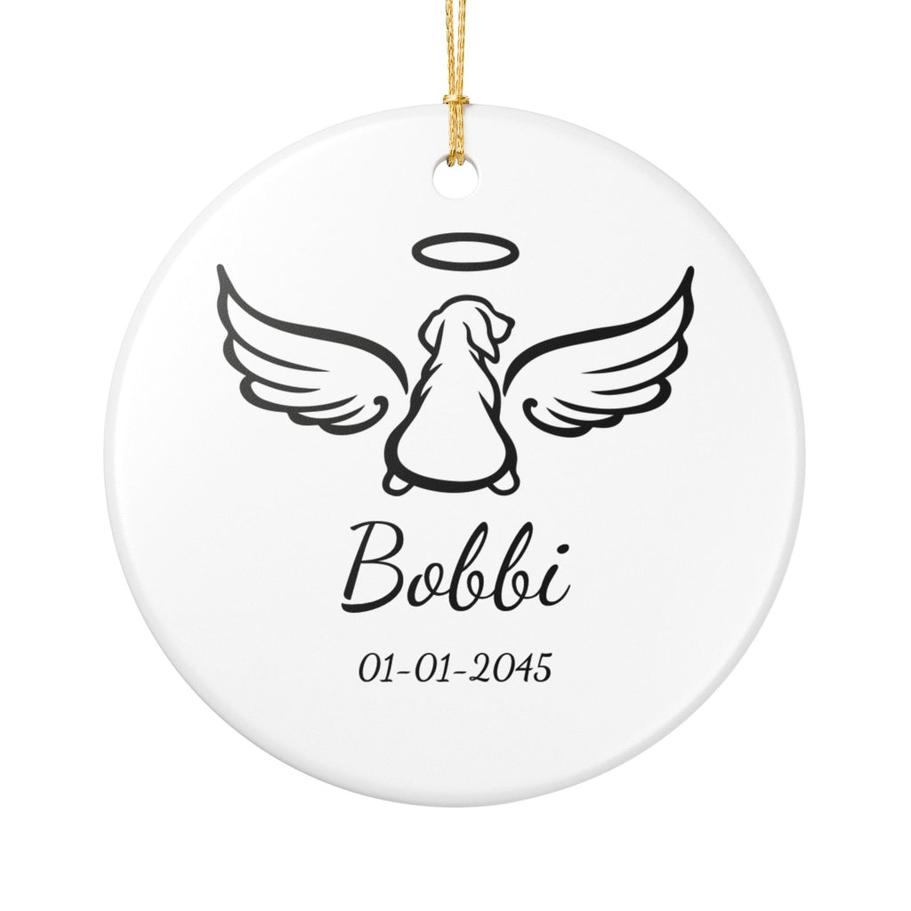 Personalised dog memorial ceramic ornament with angel wings halo and custom name and date in black script on white