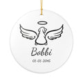 Personalised dog memorial ceramic ornament with angel wings halo and custom name and date in black script on white