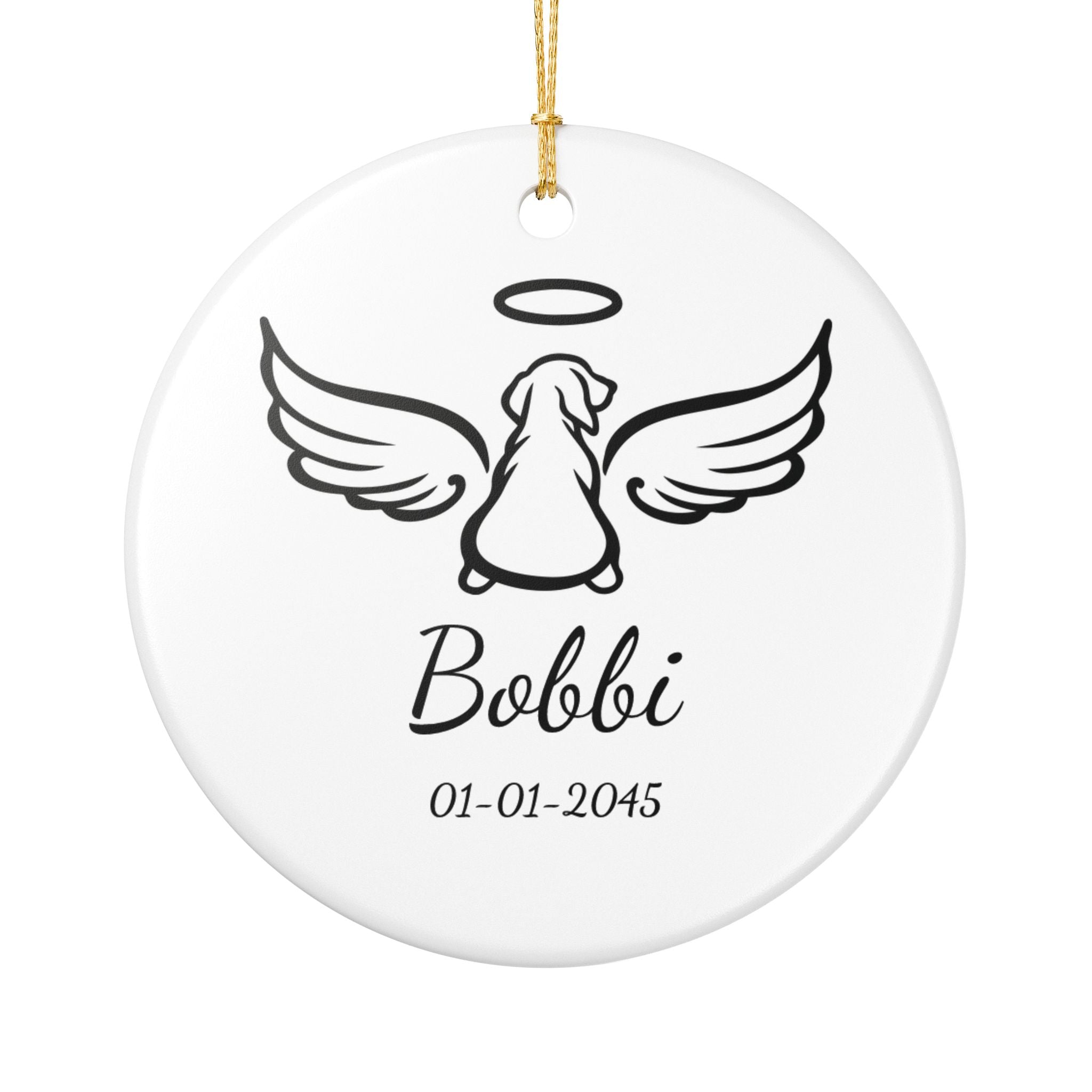 Personalised dog memorial ceramic ornament with angel wings halo and custom name and date in black script on white