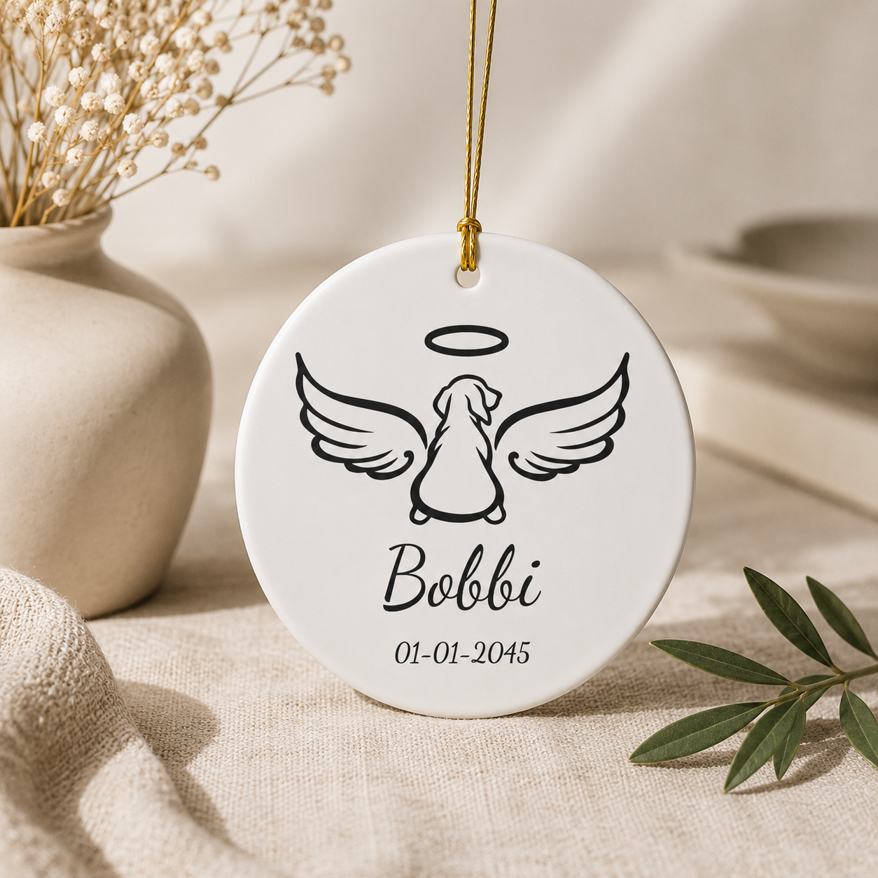 Dog memorial ceramic ornament size and spec sheet — 2.75 inch UV printed angel wings pet loss keepsake