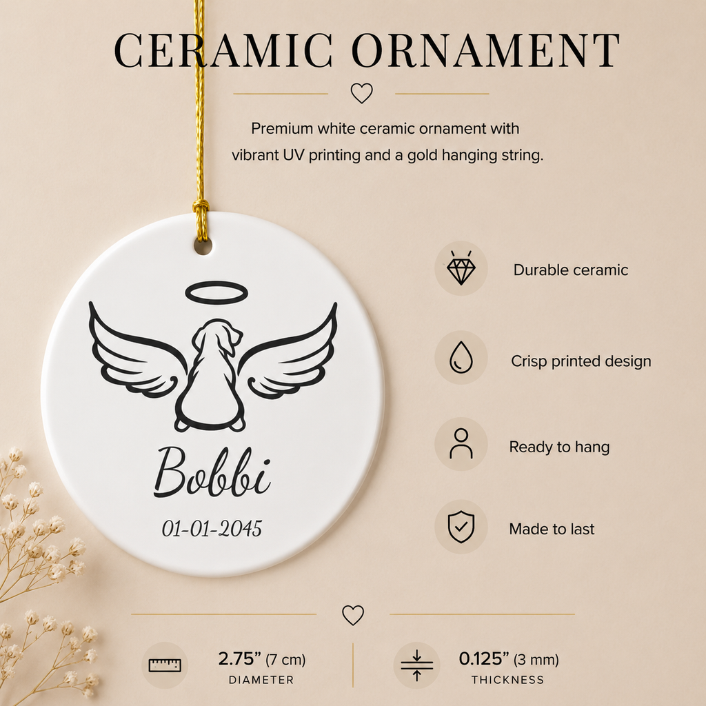 Close-up of personalised dog memorial ornament with name and date — ceramic sympathy gift for pet owners